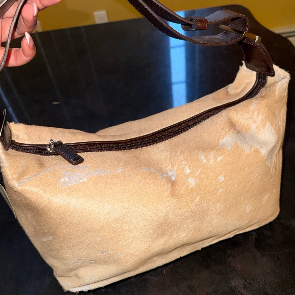 Cole Haan Beige Faux Fur Shoulder Bag With Dark Brown Strap